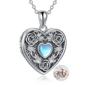 Sterling Silver Moonstone Heart Rose Personalized Locket Necklace-0