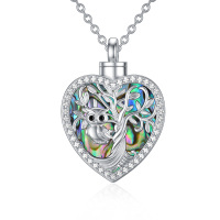 wholesale 925 Sterling Silver Metal Stone Cremation Jewelry Heart Shaped Owl on Branch with Abalone Shell and Cubic Zirconia Elements Necklace for Ashes Keepsake Memorial Urn Pendant- Rhodium Plated