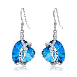 Sterling Silver Blue Crystal Heart Dangle and Drop Earrings-0