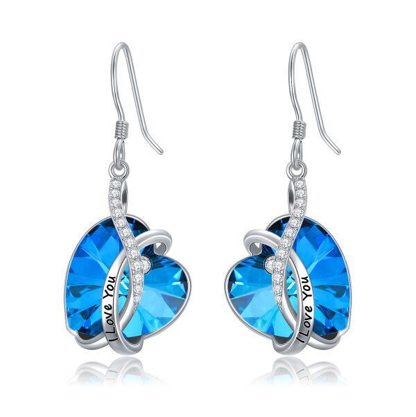 Sterling Silver Blue Crystal Heart Dangle and Drop Earrings-0