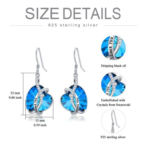 Sterling Silver Blue Crystal Heart Dangle and Drop Earrings-1