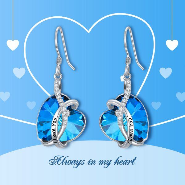 Sterling Silver Blue Crystal Heart Dangle and Drop Earrings-2