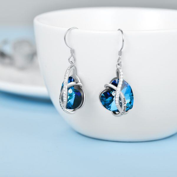 Sterling Silver Blue Crystal Heart Dangle and Drop Earrings-4