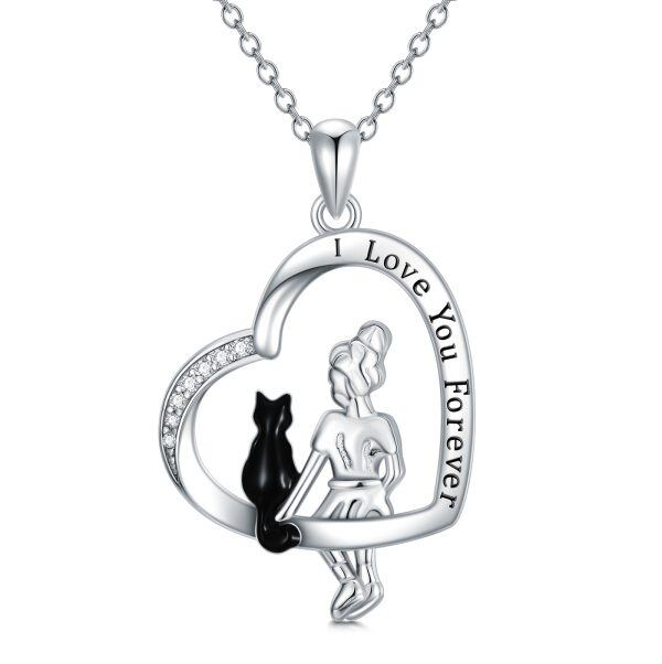 Sterling Silver Black Cat Girl Heart Pendant Necklace-0