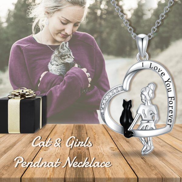 Sterling Silver Black Cat Girl Heart Pendant Necklace-2