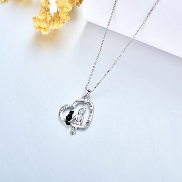 Sterling Silver Black Cat Girl Heart Pendant Necklace-10