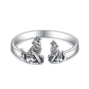 Sterling Silver Oxidized Wolf Adjustable Rings-0