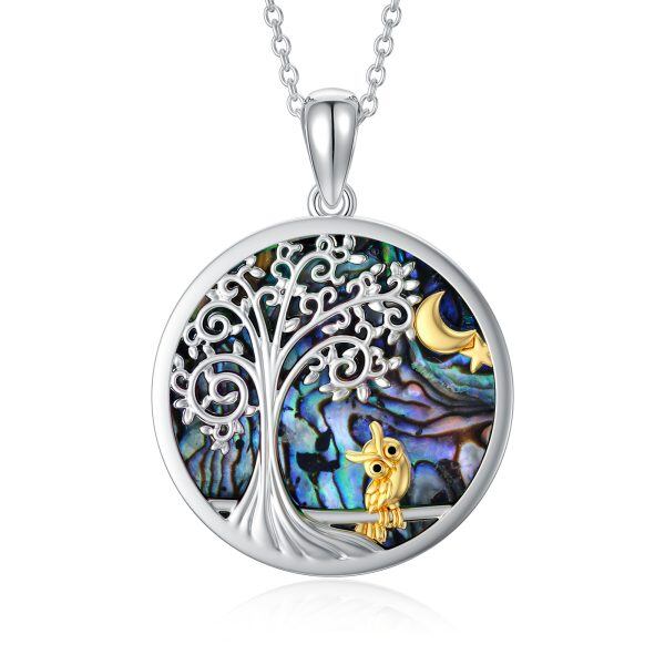 Sterling Silver Tree of Life & Golden Owl Moon Pendant Necklace With Abalone Shell-0