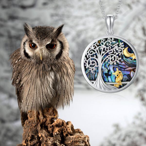 Sterling Silver Tree of Life & Golden Owl Moon Pendant Necklace With Abalone Shell-2