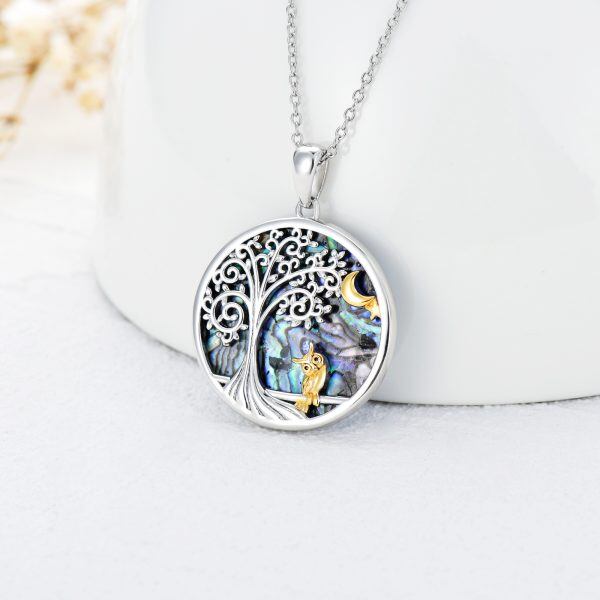 Sterling Silver Tree of Life & Golden Owl Moon Pendant Necklace With Abalone Shell-5