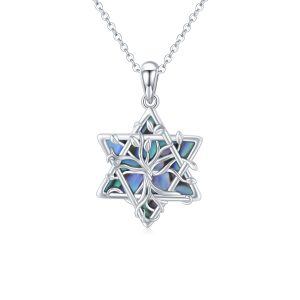 Sterling Silver Tree of Life & Six-pointed Star Pendant Necklace With Abalone Shell-0