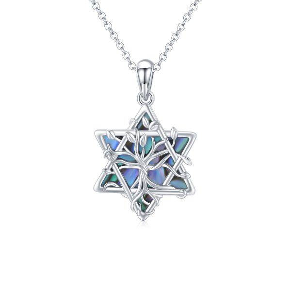 Sterling Silver Tree of Life & Six-pointed Star Pendant Necklace With Abalone Shell-0