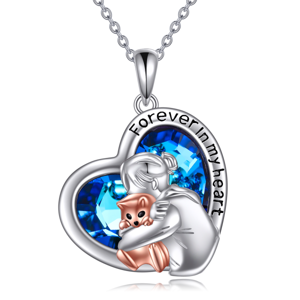 Sterling Silver Heart Women Hug Cat Pendant Necklace-1