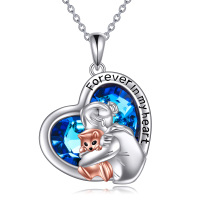 wholesale 925 Sterling Silver Blue Crystal Cat Heart Pendant Necklace for Women- Two Tone