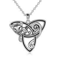 wholesale Sterling Silver Celtic Cat Necklace with Triquetra Trinity Knot Cat Urn Pendant Halloween Jewelry - Black Rhodium Plated- Black Rhodium Plated