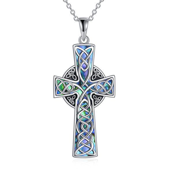 Sterling Silver Celtic Knot Cross Abalone Shell Pendant Necklace-0