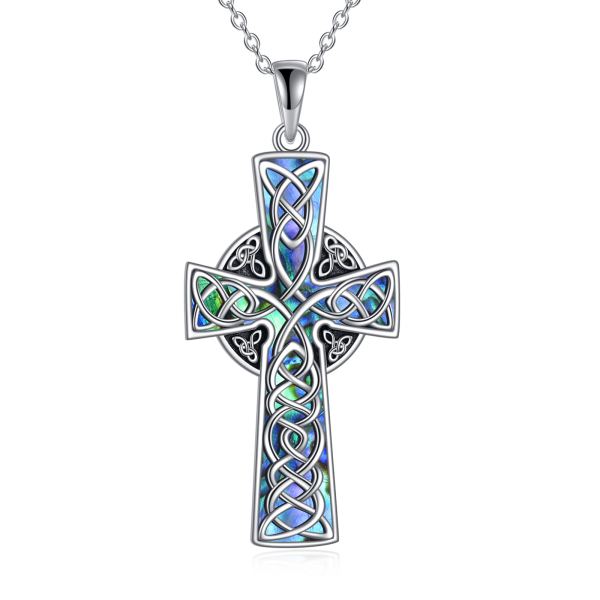 Sterling Silver Celtic Knot Cross Abalone Shell Pendant Necklace-1