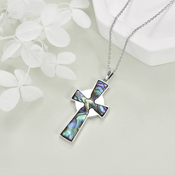 Sterling Silver Celtic Knot Cross Abalone Shell Pendant Necklace-2