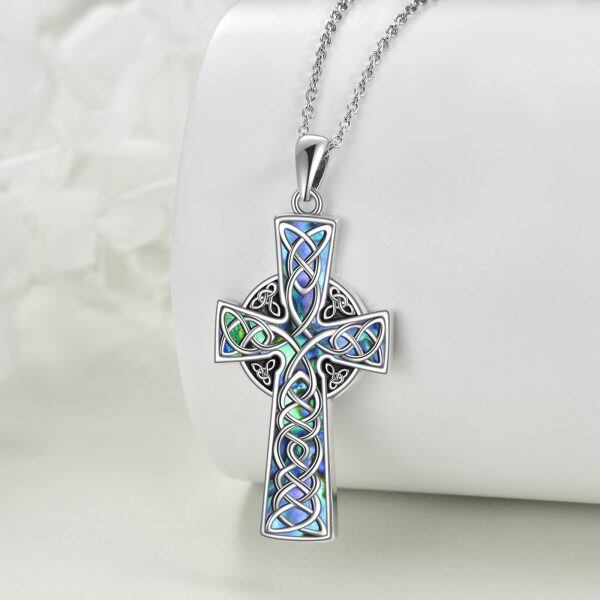 Sterling Silver Celtic Knot Cross Abalone Shell Pendant Necklace-3