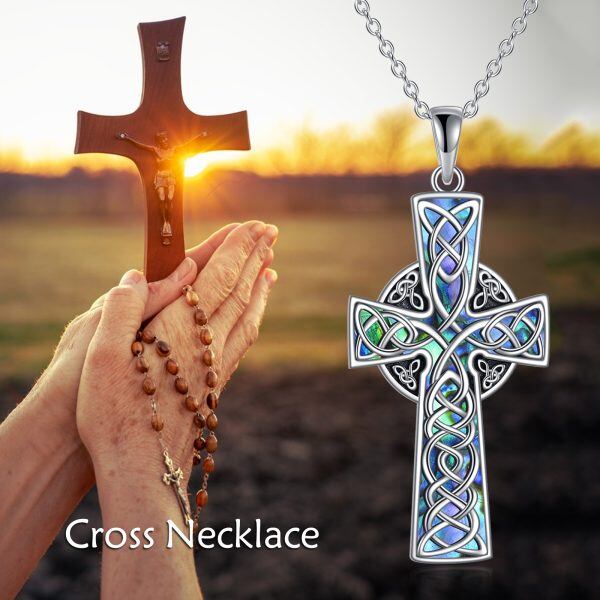 Sterling Silver Celtic Knot Cross Abalone Shell Pendant Necklace-5