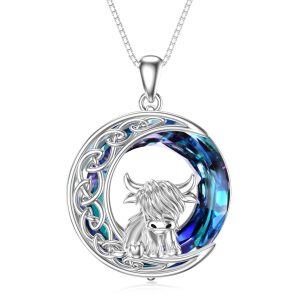 Sterling Silver Crystal Highland Cow Moon Pendant Necklace-0