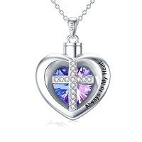wholesale 925 Sterling Silver Purple Heart Cross Crystal Cremation Pendant Keepsake Jewelry with Always In My Heart Inscription and Funnel Included- Rhodium Plated