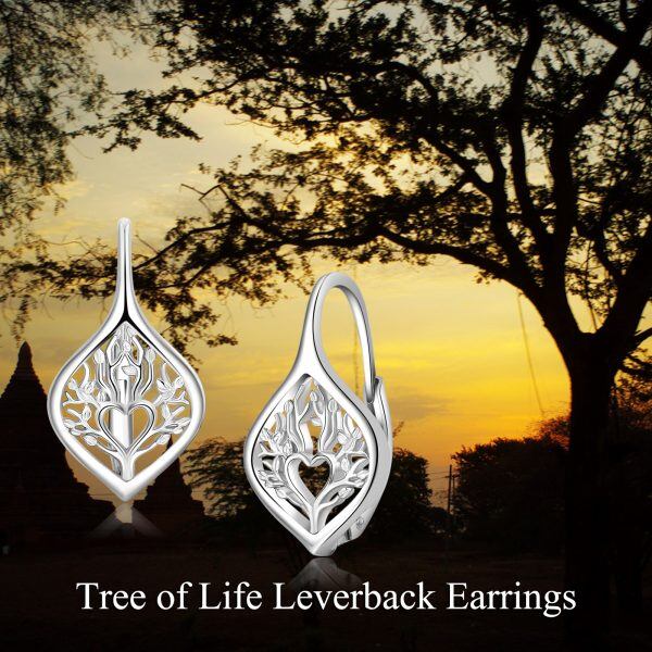 Sterling Silver Tree of Life Heart Huggie Earrings-2