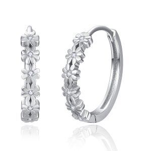 Sterling Silver Daisy Hoop Earrings With White CZ-0