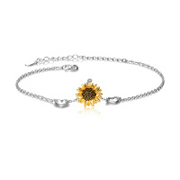 wholesale 925 Sterling Silver Gold Plated Sunflower Charm Anklet with Heart Accents - Fashion s for Women- Two Tone