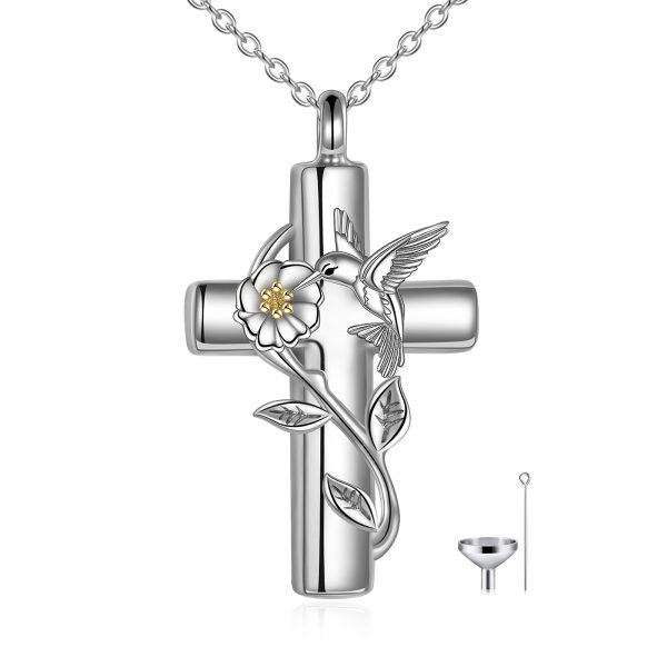 Sterling Silver Two-tone Hummingbird Cross Urn Necklace-0