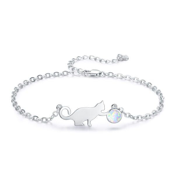 Sterling Silver Circular Shaped Opal Cat Chain Bracelets-0