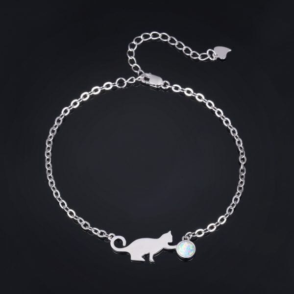 Sterling Silver Circular Shaped Opal Cat Chain Bracelets-1