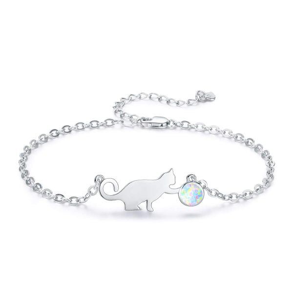 Sterling Silver Circular Shaped Opal Cat Chain Bracelets-2