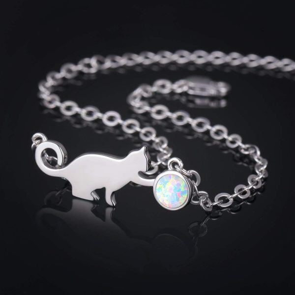 Sterling Silver Circular Shaped Opal Cat Chain Bracelets-3