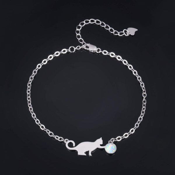 Sterling Silver Circular Shaped Opal Cat Chain Bracelets-4