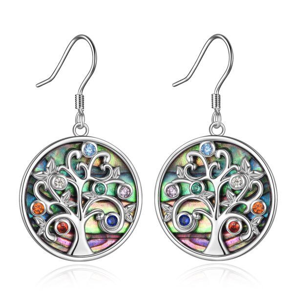 Sterling Silver Colored Birthstone Tree of Life Drop Earrings With Abalone Shell-0