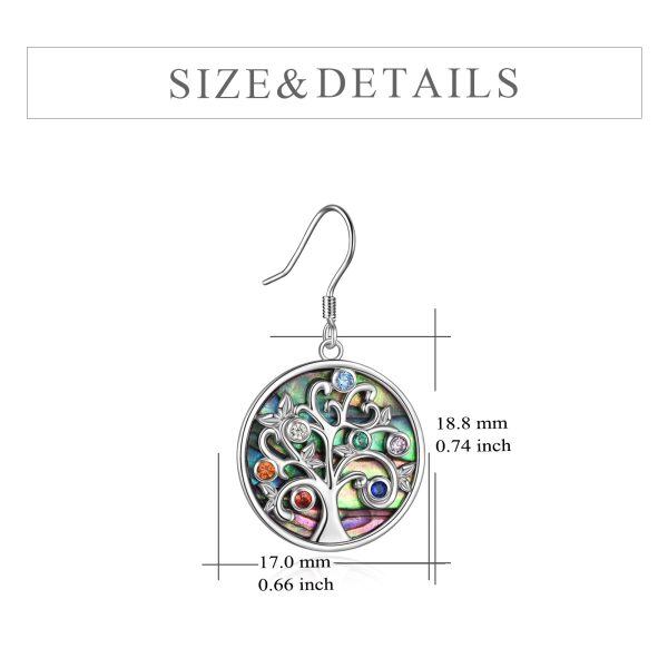 Sterling Silver Colored Birthstone Tree of Life Drop Earrings With Abalone Shell-1