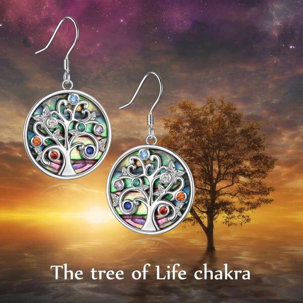 Sterling Silver Colored Birthstone Tree of Life Drop Earrings With Abalone Shell-3