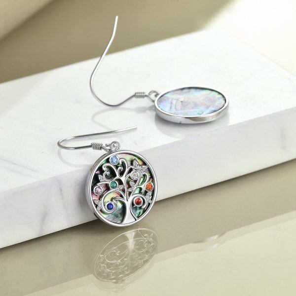 Sterling Silver Colored Birthstone Tree of Life Drop Earrings With Abalone Shell-4