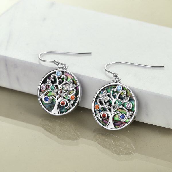 Sterling Silver Colored Birthstone Tree of Life Drop Earrings With Abalone Shell-5