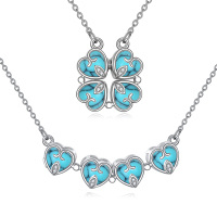 wholesale 925 Sterling Silver Turquoise and Cubic Zirconia Accent 4-Leaf Clover & Heart Locket Necklace for Women- Rhodium Plated