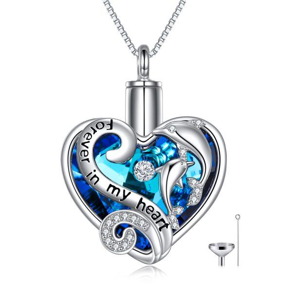 Sterling Silver Crystal Dolphin Heart Urn Necklace-0