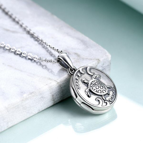 Sterling Silver Turtle Personalized Photo Locket Necklace-1