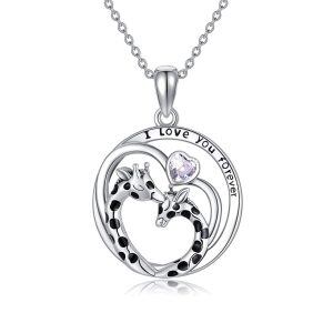 Sterling Silver Heart Clear Giraffe Birthstone Pendant Necklace-0