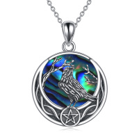 wholesale 925 Sterling Silver Round Abalone Shell Gothic Raven Pentagram Pendant Necklace Norse Viking Jewelry for Women and Girls- Oxidized/Oxidised