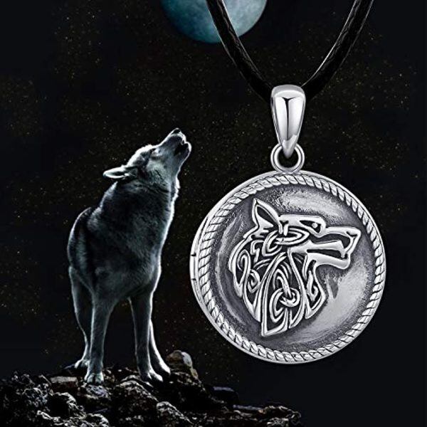 Sterling Silver Oxidized Wolf Lockat Necklace With Leather Cord-1