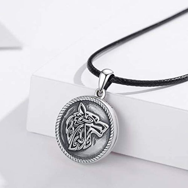 Sterling Silver Oxidized Wolf Lockat Necklace With Leather Cord-3