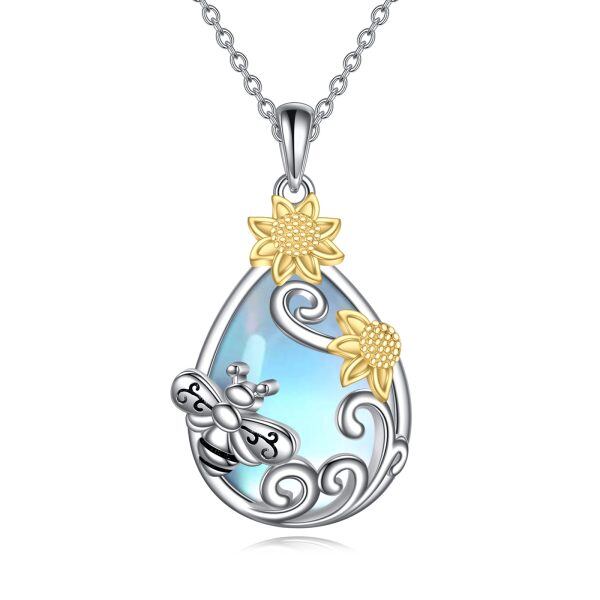 Sterling Silver Sunflower Bee Filigree Teardrop Pendant Necklace With Moonstone-0