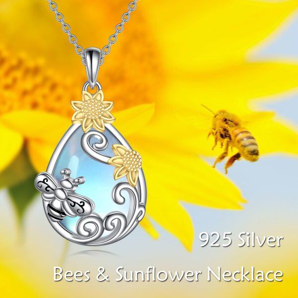 Sterling Silver Sunflower Bee Filigree Teardrop Pendant Necklace With Moonstone-2