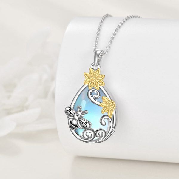 Sterling Silver Sunflower Bee Filigree Teardrop Pendant Necklace With Moonstone-3